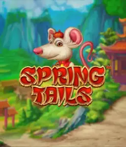 An enchanting illustration of a white rat dressed in traditional Chinese attire positioned in front of a scenic mountain backdrop. The image is for the Spring Tails game by Betsoft, showcased with bold red and gold logo text.